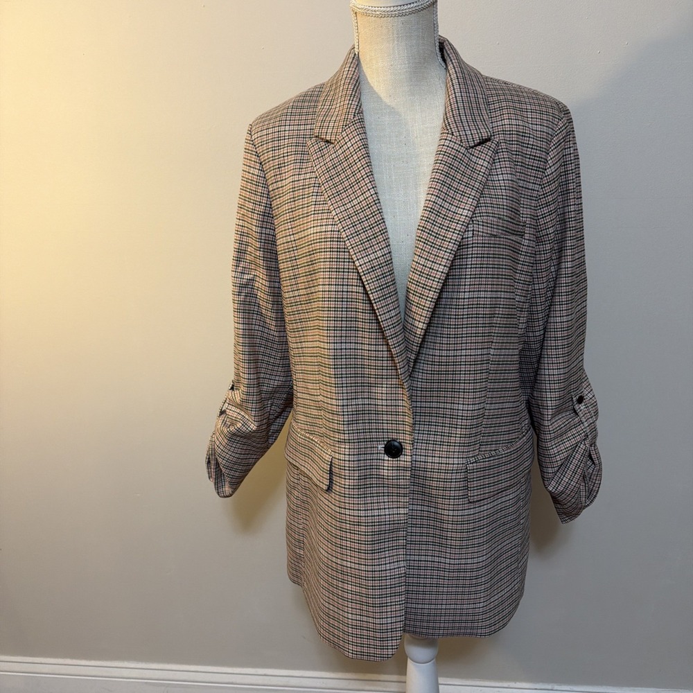 MAEVE ANTHROPOLOGIE Women's Roll Sleeve Collegiate Plaid Knit Blazer Size 18